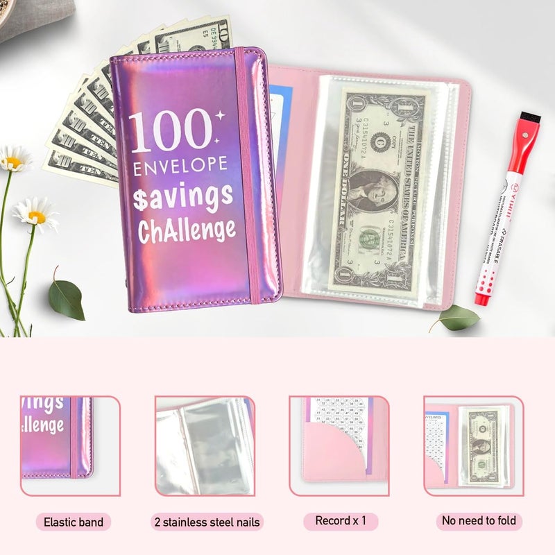 gusutide 100 Envelope Savings Challenge Binder, Money Saving Binder with Cash Envelopes, from 30 Days to 52 Weeks, to Save $500,$5,050 and $10,000, back to school supplies,gift for children (Shining Pink-A6) - Image 3